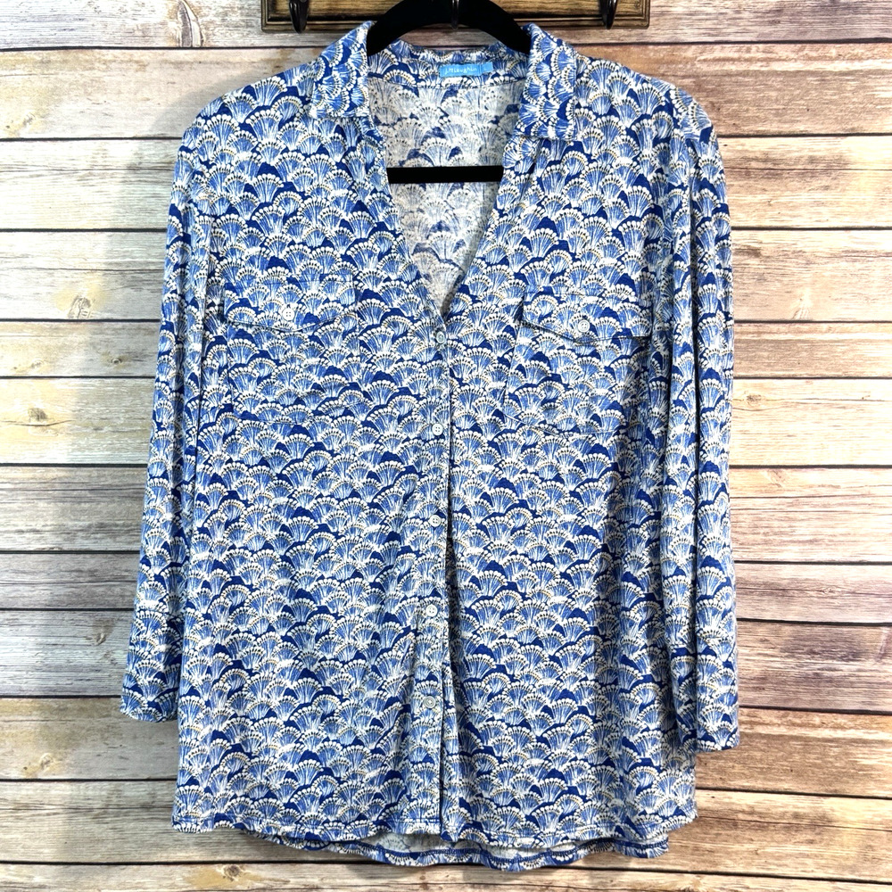 J. Mclaughlin Linen Brynn Blue White Fan Shell Womens Button Up Blouse Travel L